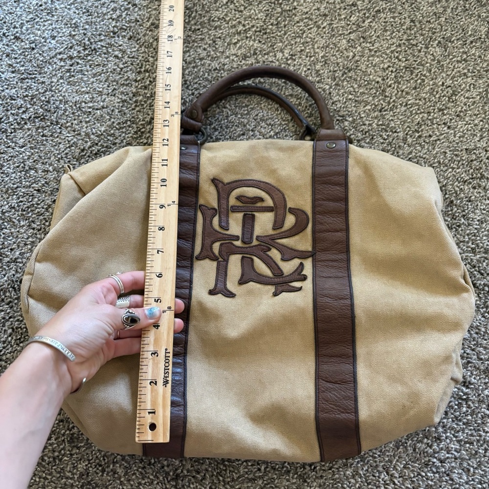 Vintage Rugby Ralph Lauren Khaki Canvas & Leather Small Duffle Tote Bag Monogram - Picture 15 of 16